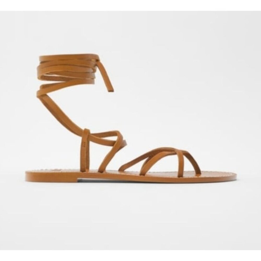 Zara Tan Leather Lace-Up Flat Sandals